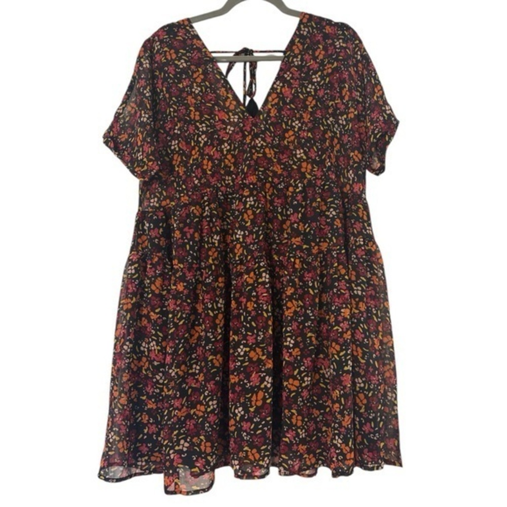 Patrons of Peace Dark Florals V Neck Tiered Boxy Mini Dress Size Large
